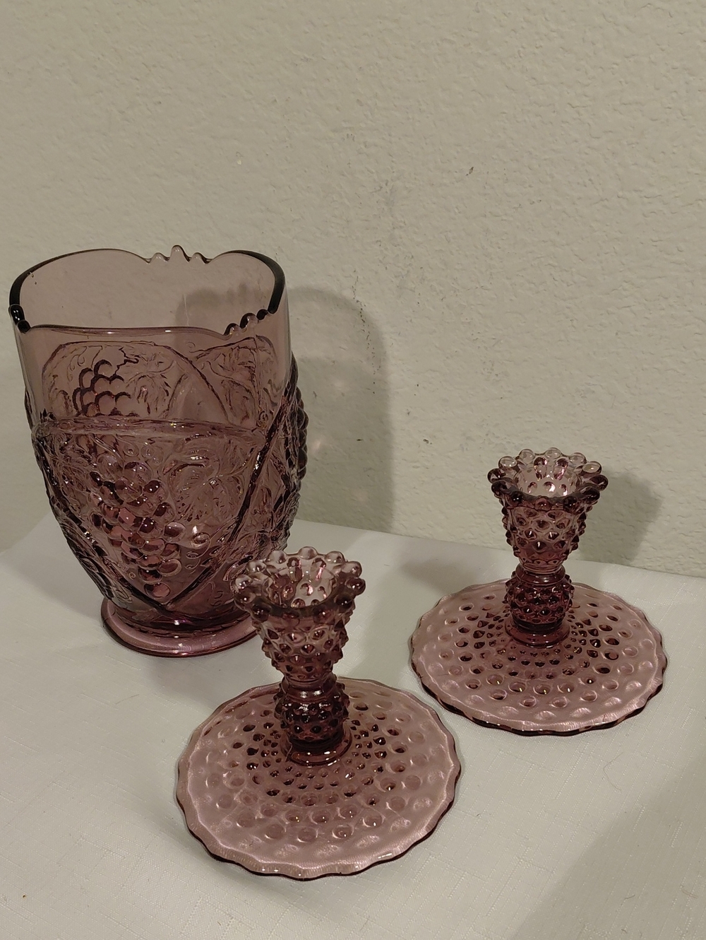 Fenton Plum Hobnail Candle Holders & Vase
